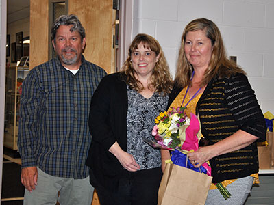 At the presentation of the 2019 “Jodi Denmead Outstanding Parent Volunteer Award,” from left: Don Denmead; PTA Council President, Melanie Kolacy; and recipient of this year’s award, Sharon Davis.