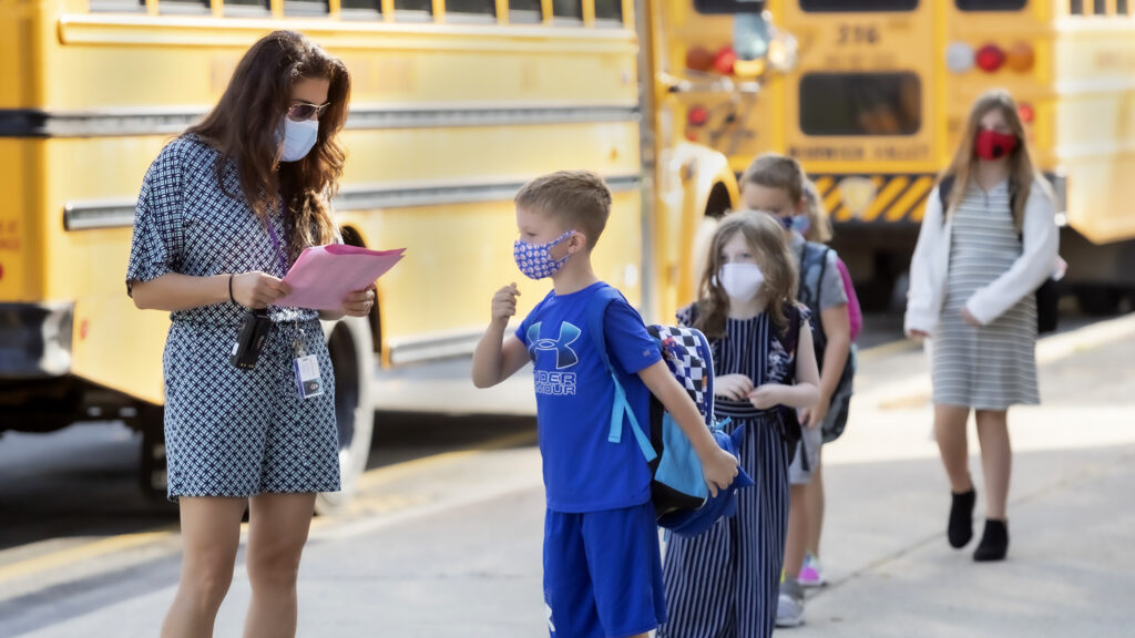 Students arrive for class on the second day of school (and the first day for third- and fourth-graders in cohort B) at Park Avenue Elementary School on Sept. 9, 2020.