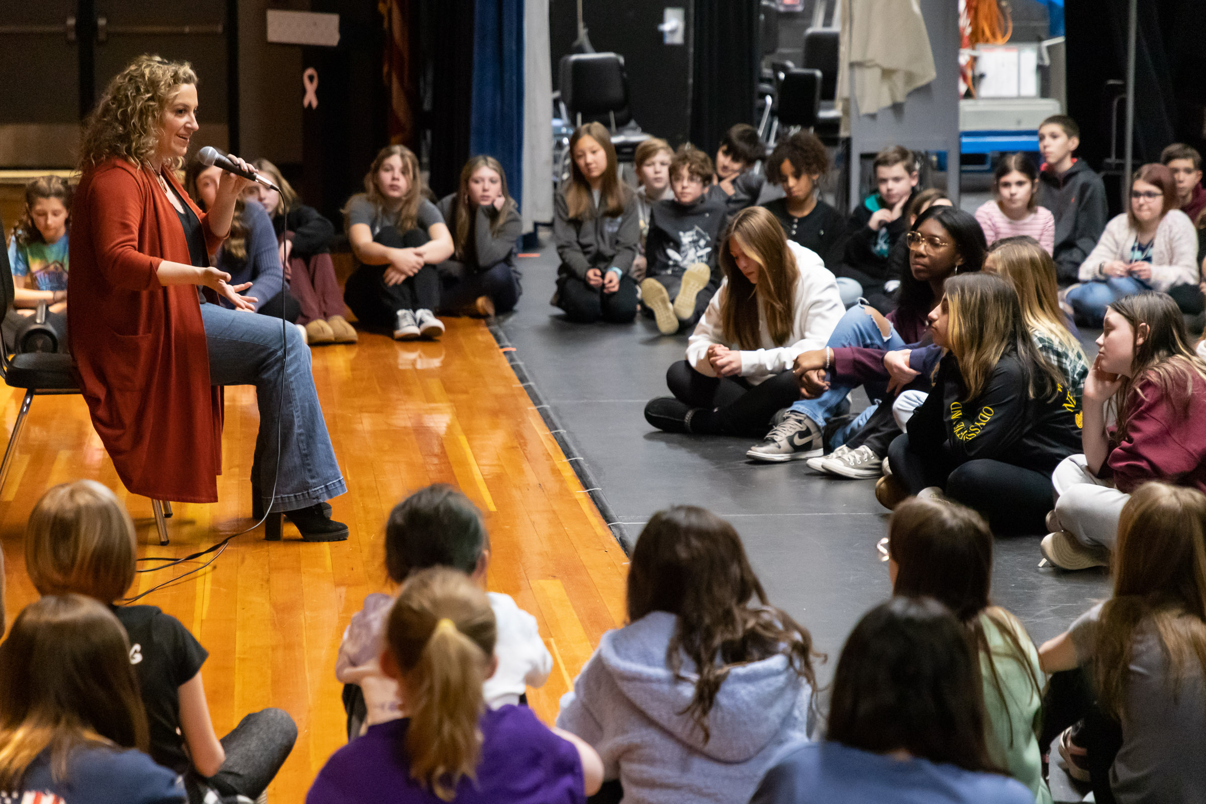 Broadway actress Donna Vivino holds a workshop for Warwick Valley Middle School Drama Club members in the high school auditorium on Feb. 27, 2023.